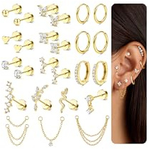 Chriscoco 22 st 14K guldpläterade örhängen med platt baksida för kvinnor kirurgiskt stål små ringar knopp-broskörhängen set allergivänliga örhängen stapel tragus helix piercing smycken silver guld