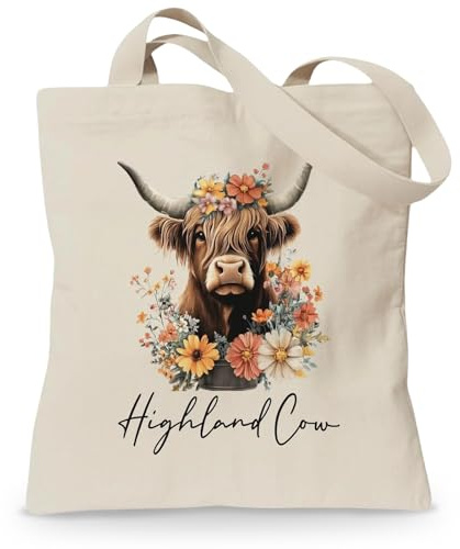 Cunegra Highland Cow Bag, Double-Sided Printed Canvas Tote Bag, Durable Reusable Shopping Bags for School, Work, Travel, Shopping, Highland Cow Gifts for Women