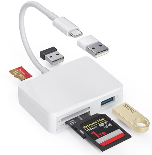 SD Card Reader, 5 in 1 USB-C & USB Card Adapter with SD/MicroSD/MS and Dual USB-A Ports Memory Card Reader for iPhone 17/16/15 Pro Max iPad MacBook Pro/Air M4/M3 Android Phone/Tablet PC (White)