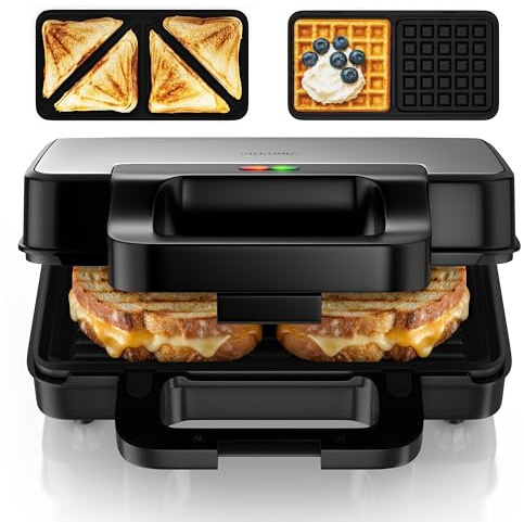 Arendo - Sandwichmaker 3 in 1 - mit Wechselplatten - Kontaktgrill – Waffeleisen – Sandwichmakler XXL - Antihaftbeschichtung – für Sandwiches, belgische Waffeln, Grillgut uvm - klein und kompakt