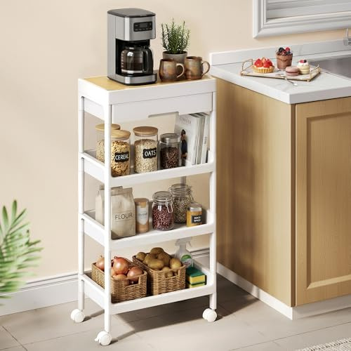 SONGMICS Carro de 4 Niveles, Carrito de Cocina con Ruedas, con Bandeja Extraíble y Cajón, de Plástico, Fácil de Montar, Blanco y Roble Dorado BSC070W101