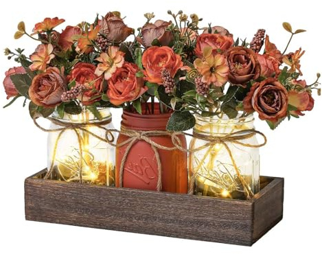 Garvee Set De 3 Centros De Mesa Rústicos LED – Jarrones Mason Jar con Flores Artificiales, Bandeja De Madera – Decoración Elegante para Comedor, Sala, Bodas, Estilo Casa De Campo