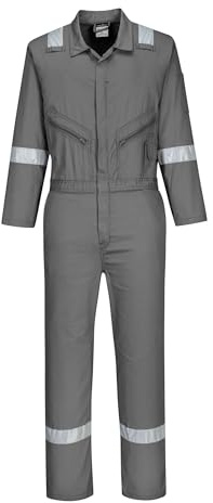 Portwest C814 Iona Lightweight Reflective Cotton Coverall with Pockets - Safety Boiler Suit Workwear Overalls, Grey, S