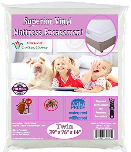 Superior Extra Heavy 8 Gauge Vinyl Mattress Protector Zippered Encasement Cover 100% Waterproof Twin White