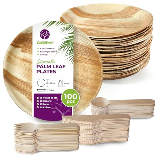 GoBeTree 25 Platos desechables de Hoja de Palma Redondos de 25 cm con 75 Cubiertos desechables de Madera, Vajilla desechable elegante, similar al bambu, menaje para fiestas, barbacoas y picnic