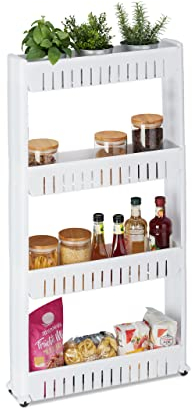 Relaxdays Nischenwagen, 4 Ablagen, schmales Nischenregal für Bad & Küche, HBT 101x12,5x54 cm, Rollregal Kunststoff, weiß