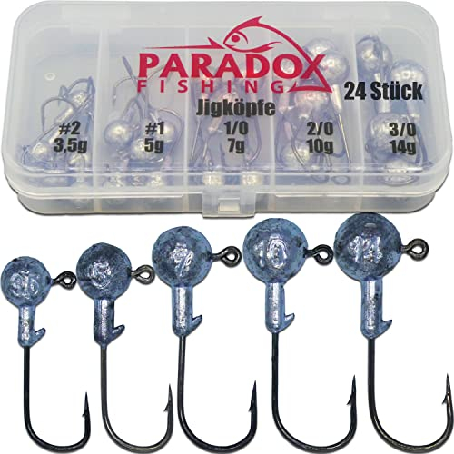 Paradox Fishing Jigköpfe Set (3,5g/5g/7g/10g/14g) 25-teilig je 5/4 Jighaken I Jig Köpfe Jighead Jigkopf Jigkopf Set für Gummifische Zander