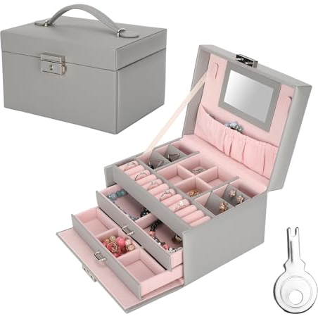 Portagioie Donna, Organizzatore di Gioielli a Tre Livelli con Specchio, Valigetta Portagioie con Lucchetto, Interno Rosa, Anello Collana Orecchini Bracciale Display per Viaggi in Movimento(grigio)