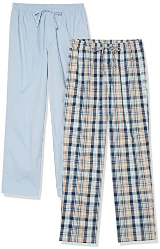 Amazon Essentials Pantaloni Pigiama Lunghi in Popeline di Cotone Elasticizzato Uomo, Confezione da 2, Azzurro Opaco/Blu Marino Motivo Scozzese, S