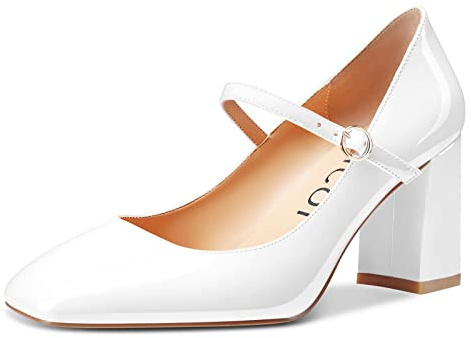 Aachcol Femmes Mary Jane Escarpins Fermé Carré Bout Bloc Chunky Mi Talon Heel Slip-on Mariage Bureau Party Dress Chaussures 8 CM Blanc Vernis 35 EU