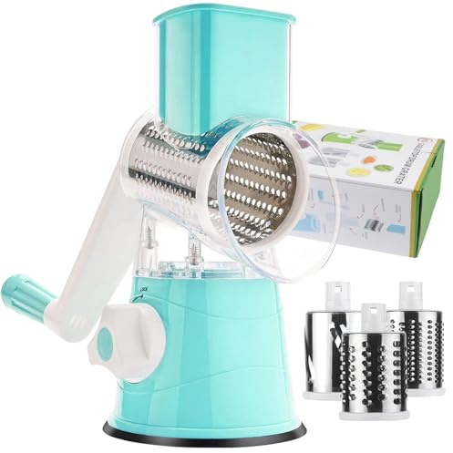 Manual Rotary Cheese Grater Round Vegetable Potato Carrot 3 Interchangeable Cheese Grater Mandoline Slicer with Power Suction Base Blue