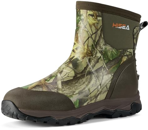 HISEA Upgraded Excursion Pro Men's Rain Boots, Ankle Height Rubber Hunting Boots Waterproof Insulated Neoprene Boots Durable Outdoor Mud Booties for Hunting Gardening Farming Fishing and Yard Work, Size 11 Camo