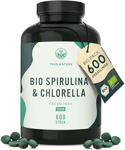 Bio Spirulina & Chlorella Presslinge – 600 Tabletten – Hochdosiert mit 6.000 mg pro Tag – Vorrat für 50 Tage – Hergestellt & laborgeprüft in DE – Vegan & frei von Zusätzen – TRUE NATURE