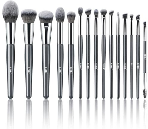 BEILI Brochas de Maquillaje,15 PCS Set de Brochas de Maquillaje Veganas,Base en Polvo Sombra de Ojos Mezcla Corrector Juego de Brochas para Pliegues Pinceles para Delineador de Cejas