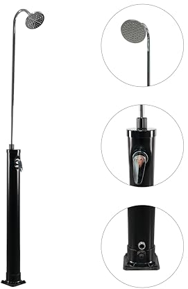 VALAZ Douche solaire extérieure 8 litres Installation facile avec tuyau Douche extérieure Piscine Jardin Pulvérisateur effet pluie ronde noire et chromée Acier inoxydable et PVC Sans connexion