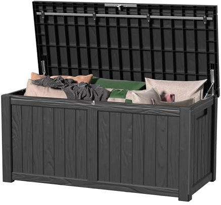 MAIUSCOLI 150 Gallon Waterproof Outdoor Storage Box,Resin Deck Box,Lockable Outside Storage Box Container for Patio Furniure,Garden,Tools (150 Gallon,Black)