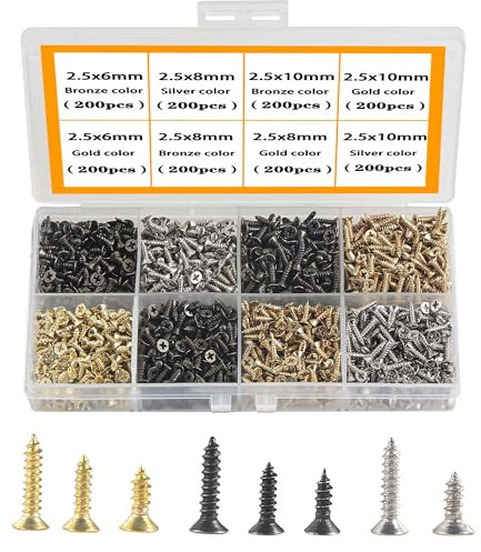 HVDHYY M2.5 Petites Vis Autoforeuse Vis à Bois Metal Cruciformes à Tête Plate Multi-Usages Bricolage Miniature Vis Set Gold Silver Bronze 1600pcs