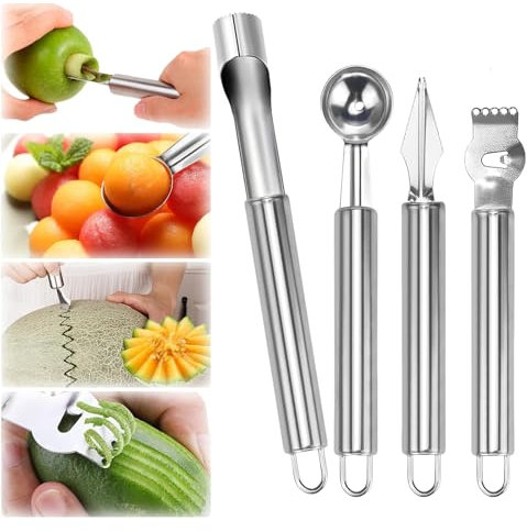 JAONLD 4 Pezzi Fruit Carving Tool,Scavino da Cucina Frutta Tool Set Togli Torsolo Mela Taglia Frutta Remover in Acciaio Inox Utensili da Cucina,Levatorsolo Mela Carving Knife per DIY Fruit Salads