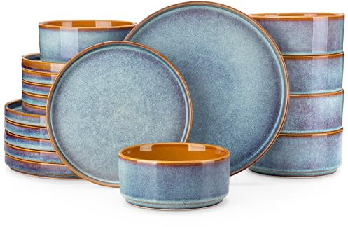 vancasso ONION Vajillas Completas 18 Piezas para 6 Personas, Platos Vajilla Modernas de Gres - 6 Platos Llanos, 6 Platos de Postre y 6 Cuencos - Esmaltado Reactivo Gris Azul, Apto para Microondas