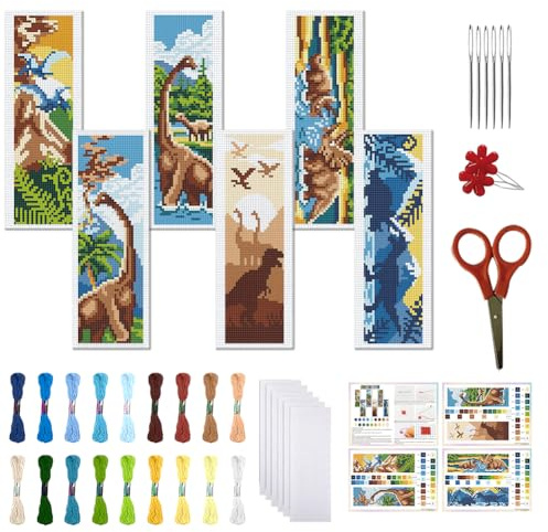 FREEBLOSS Juego de 6 marcapáginas de punto de cruz, kit de punto de cruz con instrucciones, dinosaurios del Jura, juego de punto de cruz para principiantes, juego de fabricación de marcapáginas como