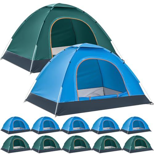 Woanger 10 Pack 10/16 Pack Bulk 2 Person Camping Tents for Homeless Lightweight Tent with Rain Fly and Carrying Bag Waterproof Windproof Setup Pop Up for Camping Backpacking Donation (Blue Green)