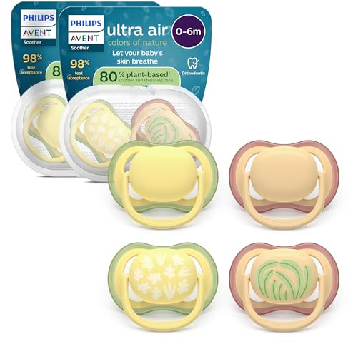 Philips Avent chupetes ultra air: diseño anatómico, para bebés de 0 a 6 meses, tetina simétrica de silicona suave, sin BPA, 2 estuches esterilizadores, paquete de 4, SCF087/21