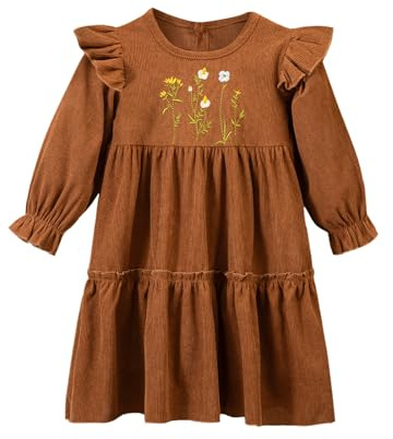 JiAmy Vestito da bambina a maniche lunghe con fiori ricamati e volant, scollo rotondo, linea ad A, casual, per bambini dai 2 ai 7 anni, Marrone, 6-7 Anni