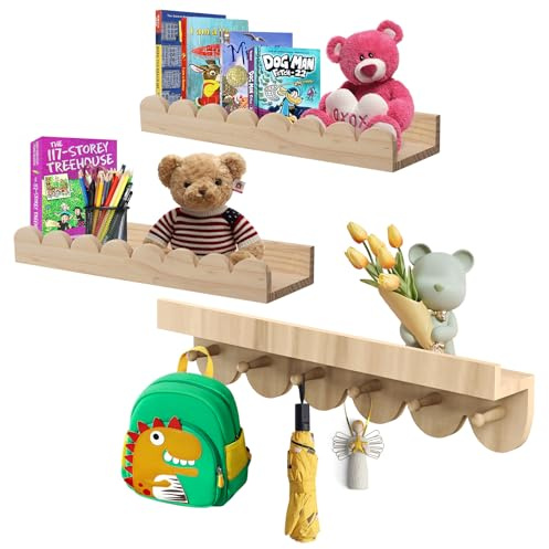 Emooncn Wooden Nursery Book Shelves with Round Hooks,Set of 3 Nursery Shelves Baby Floating Shelves Book Shelf Toys Storage Organizer Wall Bookshelf for Kids Bedroom Living Room,Easy to Hang, 40CM
