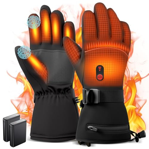 Guanti Riscaldati Moto con 2 Batterie 10000mAh, 7.4V per Riscaldamento Veloce, Impermeabili, Touchscreen, Palmo Antiscivolo, 3 Livelli di Calore - Guanti Invernali Ricaricabili per Uomo e Donna (L)