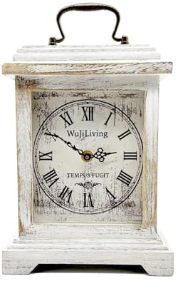 WuJiLiving Wooden Mantel Clock, Rustic White Distressed Finish, Vintage Roman Numeral Dial, Silent Quartz Table Shelf Clock for Living Room, Fireplace