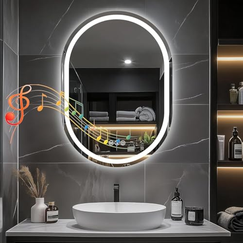 GREENSAPPIRE Bathroom Mirror with LED Lights, 600x800mm Oval Bluetooth LED Bathroom Mirrors with Anti-Fog, 3500K-6500K, Dimmable, Backlit Wall Mounted Mirror, IP54 Waterproof