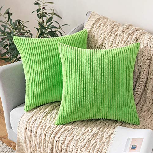 MIULEE Set of 2 Striped Corduroy Square Throw Pillow Case Soft Cushion Covers Sham Home for Sofa Couch/Bedroom Decorative Fluffy Large Pillowcases 18x18 Inch 45x45cm Green