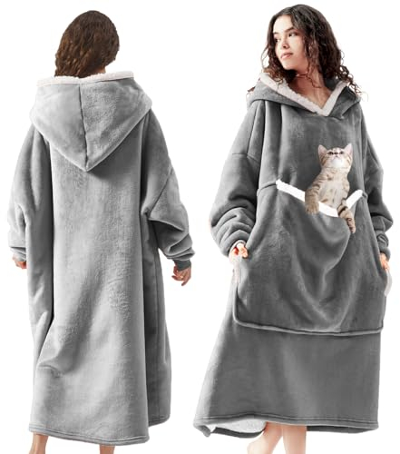 auvstar Manta de Sudadera Gigante con Capucha, Manta de Gran Tamaño Sudadera con Capucha Sherpa con Bolsillo Frontal, Suave Cálida Cómoda, Talla Única para Hombres, Mujeres, Adolescentes (Gris)