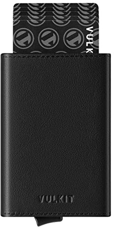 VULKIT Portafoglio da Uomo Porta Carte di Credito Porta Carte Pop-up Vera Pelle Bovina Top-Grain Blocco RFID con Scomparto Banconote, Finestra ID e Chiusura Magnetica