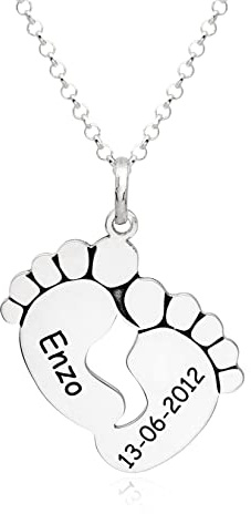 PlataJewels- Colgante Pies Bebe Personalizado con Nombre o Fecha de Plata de Ley 925. Regalos Originales para Mujer. Collar ideal para Madres Primerizas. Graba nombre y fecha de Nacimiento de tu Bebé