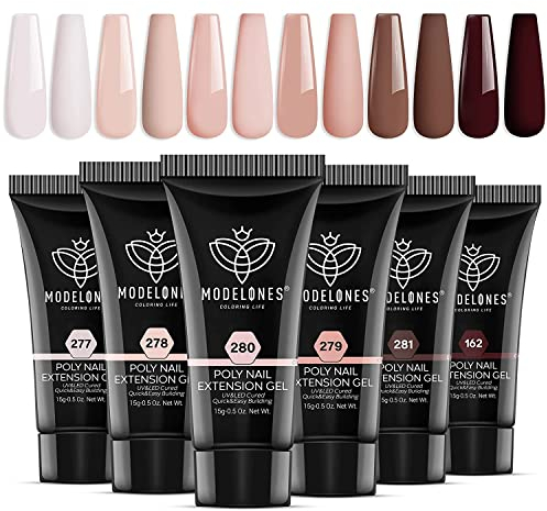 Modelones Poly Gel Set Herbst mit 6 Farben Nude Rosa Braun Gel Nägel Selber Set Quick Extension Building Acrylgel für Starter Nail Art Nageldesign Selber Machen