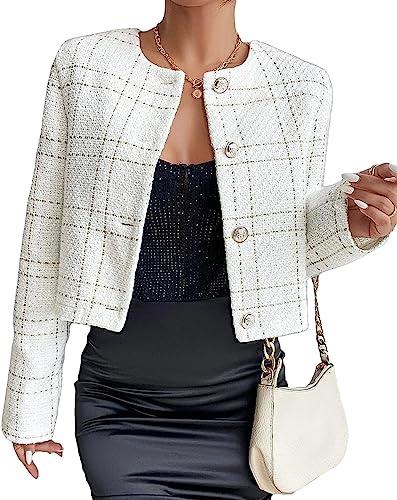 Veste en Tweed à Carreaux pour Femmes Slim Vintage Veste à Manches Longues Tweed Blouse Courte Cardigan sans col Blazer décontracté Business Workwear Veste à Cordon
