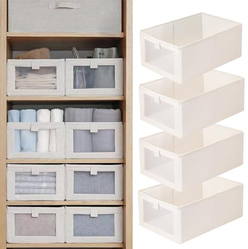Pradnel Linen Closet Organizers And Storage, 4 Pack Storage Bins Baskets for Organization Foldable Organizer with Clear Window Organizing Clothing, Jeans, Shelves