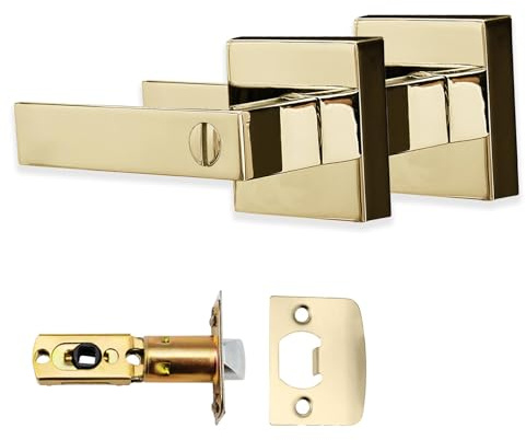 XFORT Quad Privacy Knob Set Polished Brass, Keyless Door Knob with Lock for Internal Wooden Bathroom Doors, Complete Set with Tubular Latch