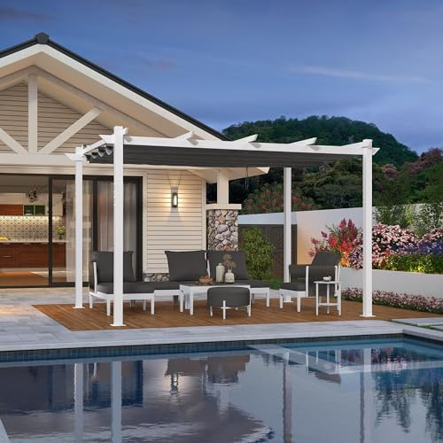 PURPLE LEAF Pergola Aluminium 4 x 3 m Métal Blanc pour Terrasse Autoportante, Pergola Jardin Extérieur Imperméable, Toile Coulissante Rétractable, Barbecue Extérieur, Pavillon de Jardin, Gris