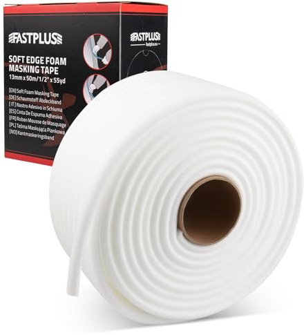 FASTPLUS Soft Edge Foam Masking Tape, Premium Self Adhesive Foam Tape for Car Door Frames, Hoods, Cover Gaps In Cars, Door, Windows, Furniture Protection, 13MM x 50M Automotive Masking Tape, White