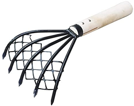 Mllepjdh Rastrillo de garra compacto resistente con red de malla de 15 pulgadas, rastrillo de mano, tenedor de almeja, mango de madera corto, ergonómico, antideslizante, rastrillo resistente