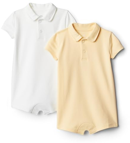 Amazon Essentials x Sofia Grainge Baby Boys' Short-Sleeve Cotton Polo Romper Suit, Pack of 2, Light Tan/White, 6-9 Months