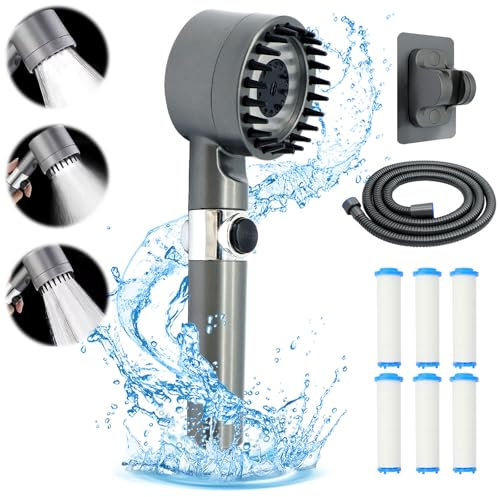 KASURE Pommeau de douche haute pression, pommeau de douche anticalcaire avec 6 filtres, pommeau de douche à économie d'eau avec flexible de 1,5 m, 3 modes de pulvérisation, un support，Gris