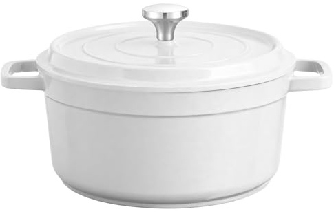Pentola in ghisa di alluminio smaltata in ceramica, adatta al forno: padella antiaderente, facile pulizia, pentola per brasare da cucina, casseruola con coperchio per tutti i tipi di fornelli (bianco