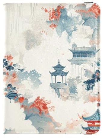 Cartera de piel para pasaporte y tarjeta de vacunación con diseño de pabellón de pintura de tinta china con ranura para tarjetas de vacunación, bonito libro de pasaporte, ligero, Pabellón de pintura