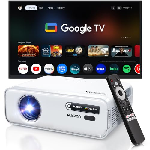 Aurzen Eazze D1G Beamer mit offiziellem Google TV, Smart Beamer 4K unterstützt Full HD 1080P, DoIby Audio, Autofokus & Trapezkorrektur, WiFi Bluetooth Heimkino & Outdoor Projektor, Weiß