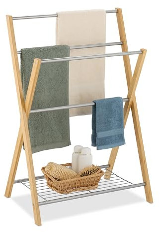 Relaxdays Porte-Serviettes, 4 Barres, étagère, Bambou et Fer, pour la Cuisine ou la Salle de Bain, Nature et argenté