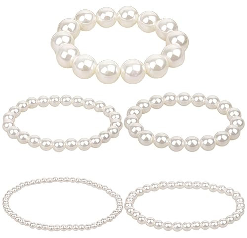 Diffaxy 5 Stück Perlen armband Set für Damen, Elastisches Perlenarmband für Braut, Weiß Künstliche Perlen Party Hochzeit, Perlen armband 5 Größen (4/6/8/10/12 mm)