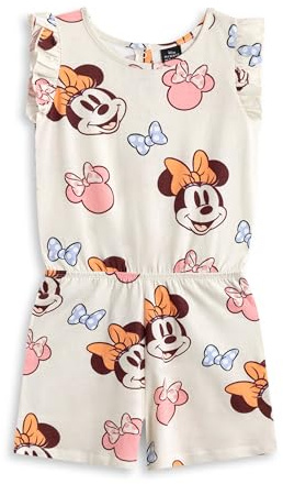 Disney Mono sin mangas multicolor de Minnie Mouse para niña | Ropa informal de verano con estampado de Minnie Mouse | Detalle de volante, cinturilla elástica y bolsillos | Mono cómodo para niña